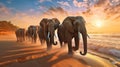 Playful Elephants on Baltic Sea Beach. Generative AI