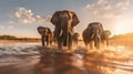 Playful Elephants on Baltic Sea Beach. Generative AI