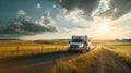 Playful Ems Truck Driving On Rural Road With Sunset