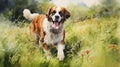 Playful Expressions: Hyperrealistic Watercolor Painting Of A Bernese Mountain Dog In A Meadow