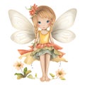 Playful fairyland magic, vibrant illustration of cute fairies with colorful wings and enchanting flower accents