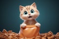 Playful feline adorns 3D rendered pet food bag in cartoon style