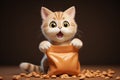 Playful feline adorns 3D rendered pet food bag in cartoon style
