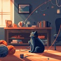 Playful Feline: Cat Enjoying Yarn in Cozy Living Room