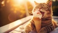 Playful feline relishes ice cream, amusing cat