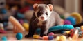 A playful ferret bouncing around in a pile of toys on the living room floor, concept of Animal behavior, created with