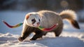 Ferret Fun in the Snow: A Playful Pet\'s Winter Adventure with Colorful Ribbon Royalty Free Stock Photo