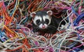 A playful ferret exploring a colorful nest of tangled threads in a cozy environment Royalty Free Stock Photo