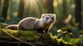 A Curious Ferret Poses Elegantly on a Mossy Log Bathed in Forest Sunlight Royalty Free Stock Photo