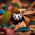 A playful ferret peeking out from a pile of colorful leaves3