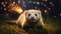 Adorable Ferret Playing with Sparklers at Night Royalty Free Stock Photo