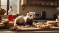 Adorable Ferret and Homemade Cookies on Kitchen Counter Royalty Free Stock Photo