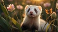 Adorable Ferret Kit in a Sunset Meadow with Butterfly Royalty Free Stock Photo