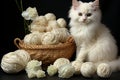 Playful fluffy kitten surrounded by soft yarn in a delightful palette of neutral hues