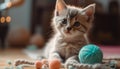 A playful, fluffy kitten with yellow fur playing with wool generative AI