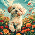 A playful, fluffy white dog stands amidst vibrant orange flowers, gazing forward with a curious expression. AI Generated