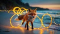 Red Fox Walking on Sandy Beach at Sunset with Fairy Lights Royalty Free Stock Photo