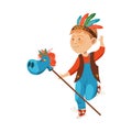 Playful Freckled Boy Character Jumping with Horse Stick Playing Indian Vector Illustration