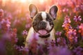 Playful French Bulldog Puppy Exploring a Field of Flowers, Generative AI