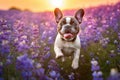 Playful French Bulldog Puppy Exploring a Field of Flowers, Generative AI