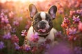 Playful French Bulldog Puppy Exploring a Field of Flowers, Generative AI