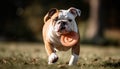 A playful French bulldog runs with toy ball generated by AI