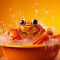 Playful Orange Crab In A Soapy Bathtub With Bubbles