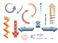 Playful funny arrows. Abstract patterned pointers, game cursors, spiral, round, twisted shapes, bright elements, doodle