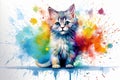 Playful funny cat, vibrant close-up illustration of colorful neon, watercolors