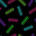 Vector seamless pattern, simple line art shapes in neon colors on dark background.