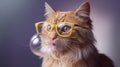 Playful ginger cat wearing oversized yellow glasses and blowing a bubble Royalty Free Stock Photo
