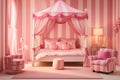 Playful girl's room reminiscent of a pink candy land. Striped pink and white walls, candy-shaped cushions, and a Royalty Free Stock Photo