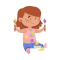 Playful Girl in Stained Clothes Sitting and Holding Paintbrushes and Paints Vector Illustration
