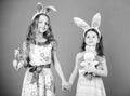 Playful girls sisters celebrate easter. Spring holiday. Happy childhood. Easter day. Easter activities for children Royalty Free Stock Photo