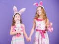 Playful girls sisters celebrate easter. Spring holiday. Happy childhood. Easter day. Easter activities for children Royalty Free Stock Photo