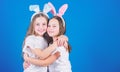 Playful girls sisters celebrate easter. Spring holiday. Happy childhood. Friendship concept. Easter vibes. Happy easter Royalty Free Stock Photo