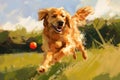 Playful golden retriever chasing a ball