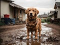 A playful golden retriever in a muddy street