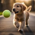 A playful golden retriever puppy with a tennis ball in its mouth, ready for a game of fetch4