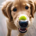 A playful golden retriever puppy with a tennis ball in its mouth, ready for a game of fetch5