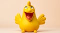 A playful and goofy-looking rubber chicken toy with a wide grin,