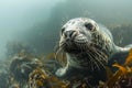 Playful Grey Seal Swimming Amongst Seaweed in Murky Underwater Scene Royalty Free Stock Photo