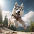 Playful Grey And White Husky Dog Soaring Over Unreal Mountain Landscape