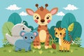 A playful group of baby animals gathers together in a vibrant jungle, showcasing their friendship and curiosity amidst colorful