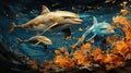 A Playful Group Of Dolphins Oil Painting Background