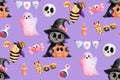 Playful halloween black cat with pumpkin and halloween ornaments illustration isolated on purple background