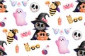 Playful halloween black cat with pumpkin and halloween ornaments illustration isolated on white background