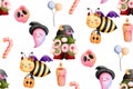 Playful halloween cute gnome with bee and halloween ornaments illustration isolated on white background