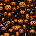 Playful Halloween theme with various pumpkin faces and friendly ghosts on a dark field seamless Royalty Free Stock Photo