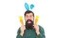 Playful handsome. surprised bunny guy with carrot. happy easter holiday. funny man in rabbit ears Royalty Free Stock Photo